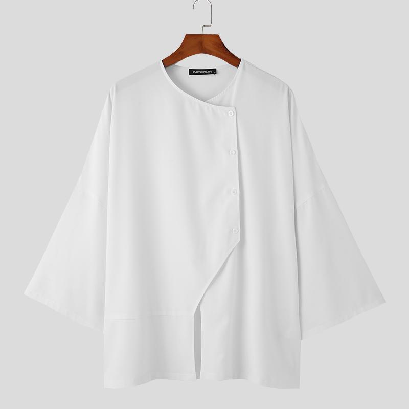 

INCERUN свободные мужские рубашки с рукавом 3/4 на пуговицах нестандартные свободные топы