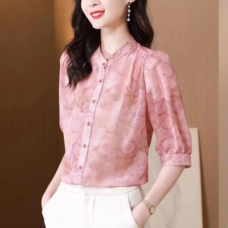 Chiffon-Hemd mit Blumendruck, Damen-Bluse mit 3/4-Ärmeln, Sommer, neues lockeres Oberteil mit rundem Kragen, M-4XL