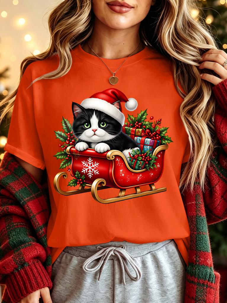 Cute Santa Hat Tuxedo Cat Sleigh Gift Womens Crew Neck Short Sleeve T Shirt Xmas Holly Snowflake Casual Graphic Tees For Ladies