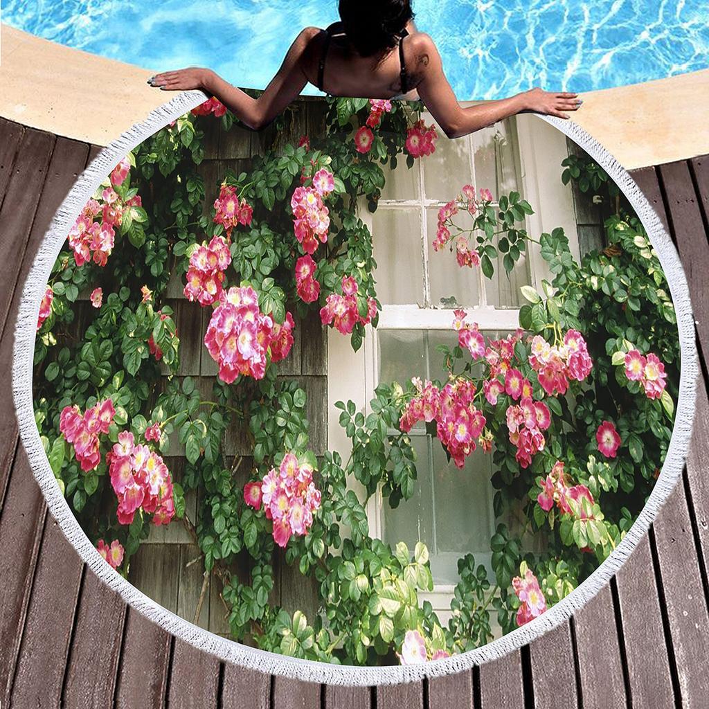 Flowers On The Wall Round Beach Blanket,Polyester Sand Resistant Beach Towel,Absorbent Quick Dry Pool Towel Portable Picnic Mat