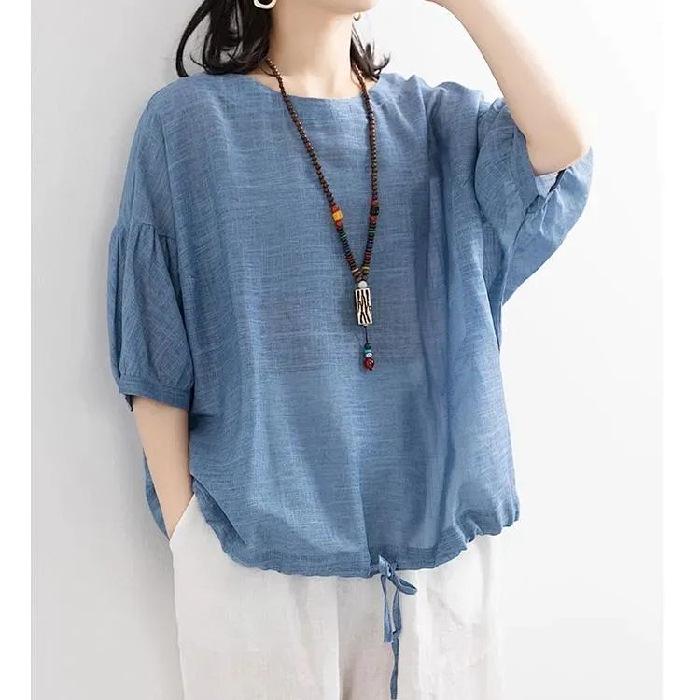 

Женская футболка большого размера с рукавами «летучая мышь» и кулиской по низу - Повседневная с круглым вырезом, рукав средней длины, лето 2024 2XL небесно-голубой