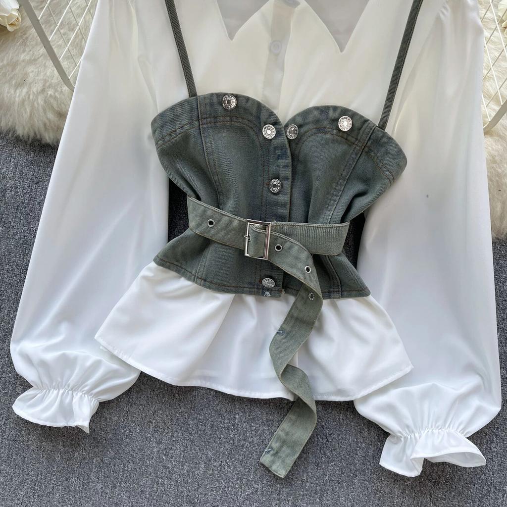 Koreanische Serie Tragen Alter-Reduzierung Set Retro Denim Cami Gestapelt Alle-Matching Puff Sleeve Shirts Zwei-stück Set Top