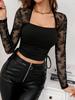 Women's Elegant Square Neck Lace,trimmed Knit Slim,fit Drawstring Top