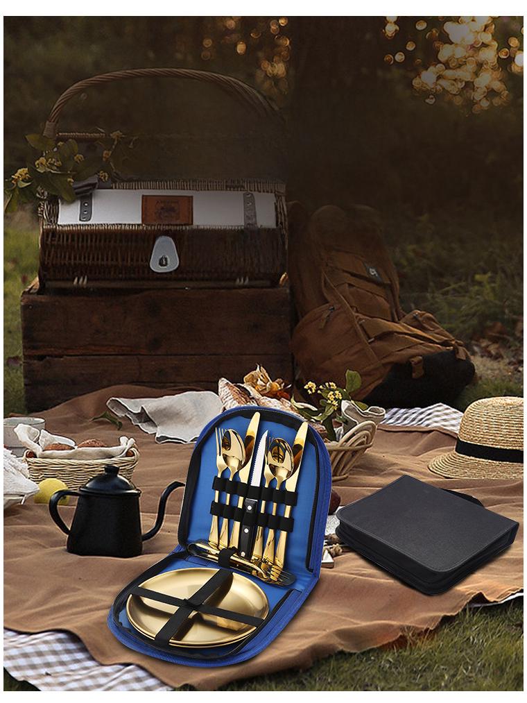 Set de tacâmuri de exterior din oțel inoxidabil cu cuțit, furculiță, lingură și pungă de pânză