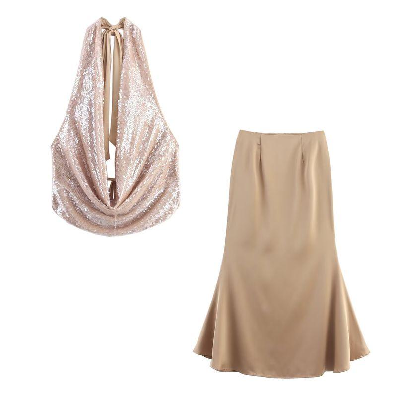 Zbzr Spring New Women Clothes Western Style Fashion Sexy Sequined Backless Top Fishtail Skirt Two-piece Set
