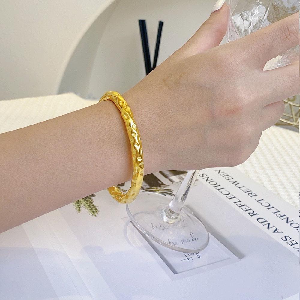 European Stainless Steel Open Cuff Bracelet for Women, Hammer Texture or Thorn Pattern Design, Light Luxury Style.