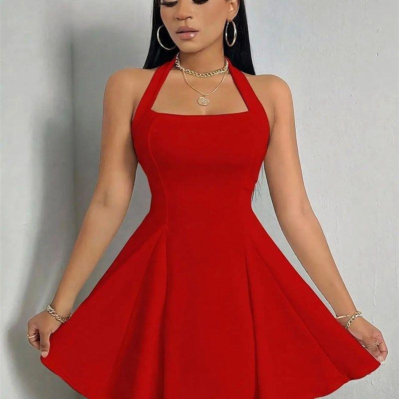

Solid Color Sleeveless LowCut Mini Dress Red S(S)