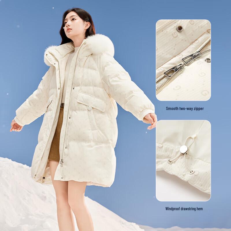 Xiangying Women's Beige Mid-Length Down Jacket with Large Fur Collar