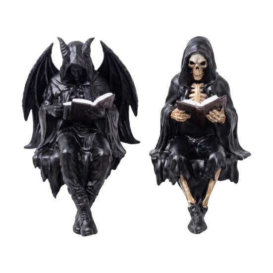 Yousheng Halloween Reading Book Skeleton Figurine, Spooky Reading Devil Resin Sculpture, Gothic Black Robe Grim Reaper Statue for Home
