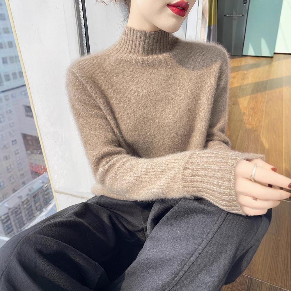 Women's Slimming Wool Knit Cardigan Sweater - Thick Half-High Neck, Warm and Versatile for Autumn/Winter