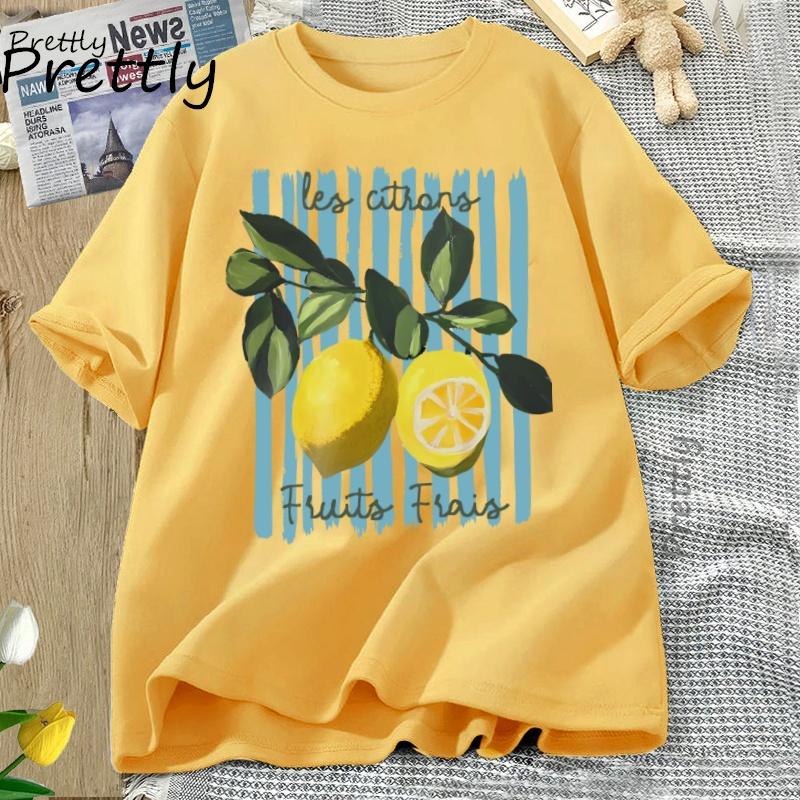 Sommer Zitrone T-Shirt Vintage Cottagecore Französisches T-Shirt Baumwolle Zitrone T-Shirt Urlaub Strand T-Shirt Lässige Kurzarmtops