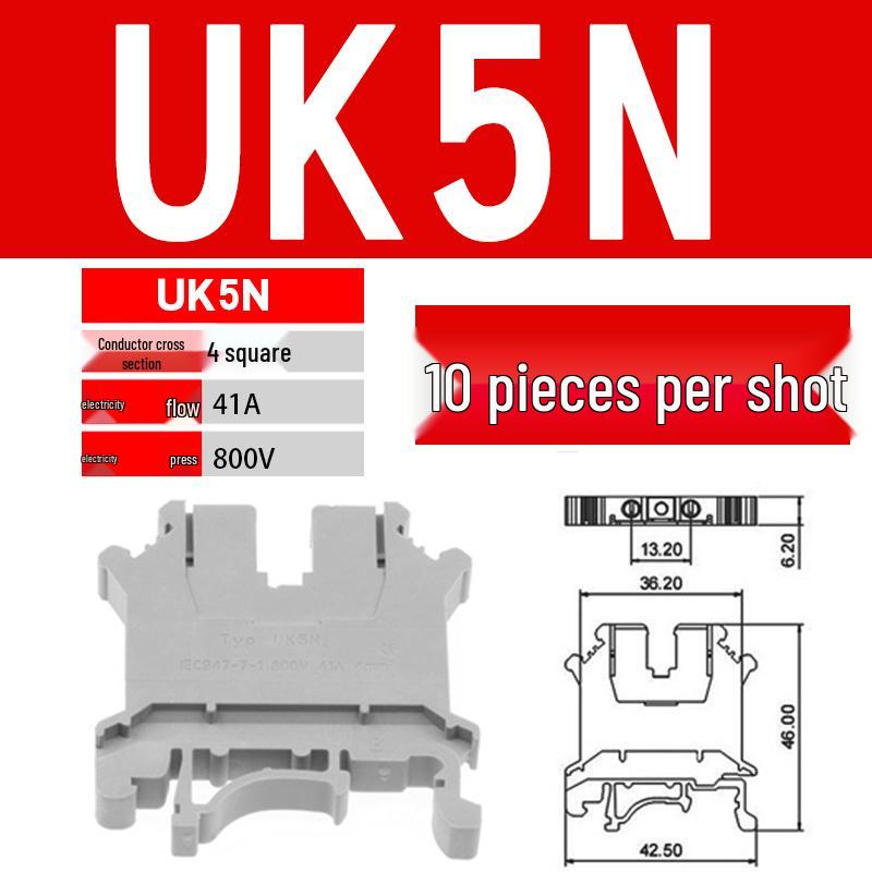 UK 2.5B/5/6/10N Rail Mount Terminal Block with Non-Stripping Screw Clip