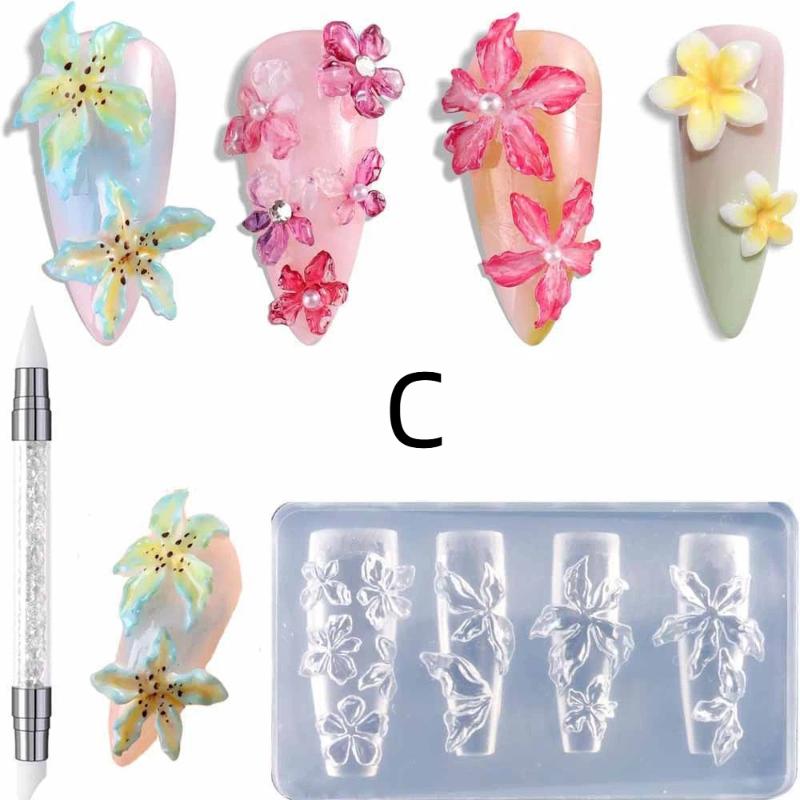 

2/3Pcs Relief Lily Flowers Nail Carving Mold 3D Silicone Hibiscus Flowers Petals Modeling Templates Clear Resin Epoxy Nail Tools C