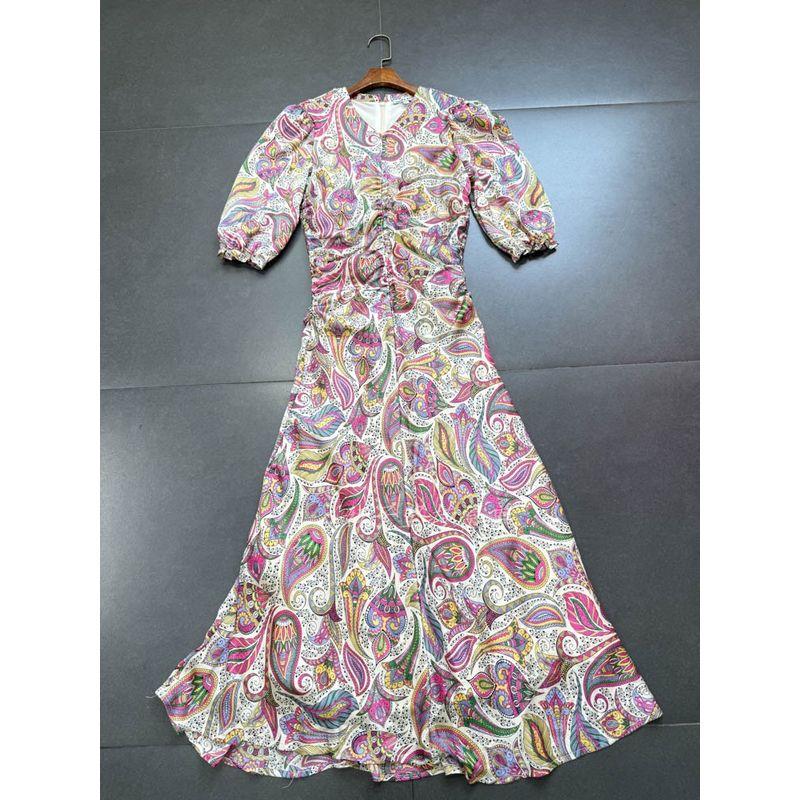 Foreign Trade Order Retro Palace Style Peach Heart Collar Paisley Waist Hugging Pleat Dress Slimming Long dress