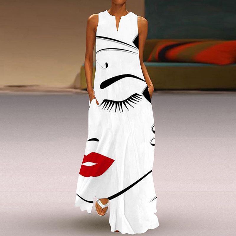 2025 Summer New Arrival Women's 3D Stereo Fashion Print Dress V Neck Sleeveless Silm Slimming Pocket Dress