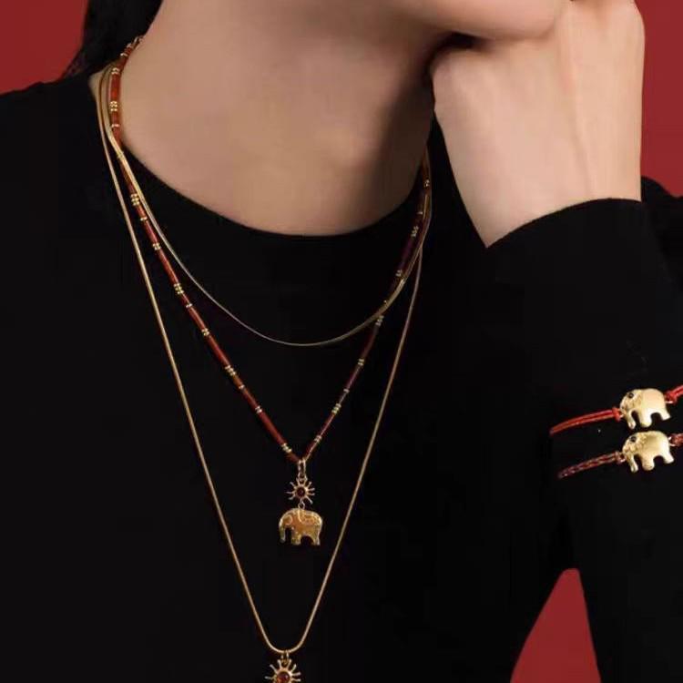 Women's 18K Gold Red Agate Elephant Pendant Necklace - Versatile, Simple Chain with Auspicious Rainbow Design