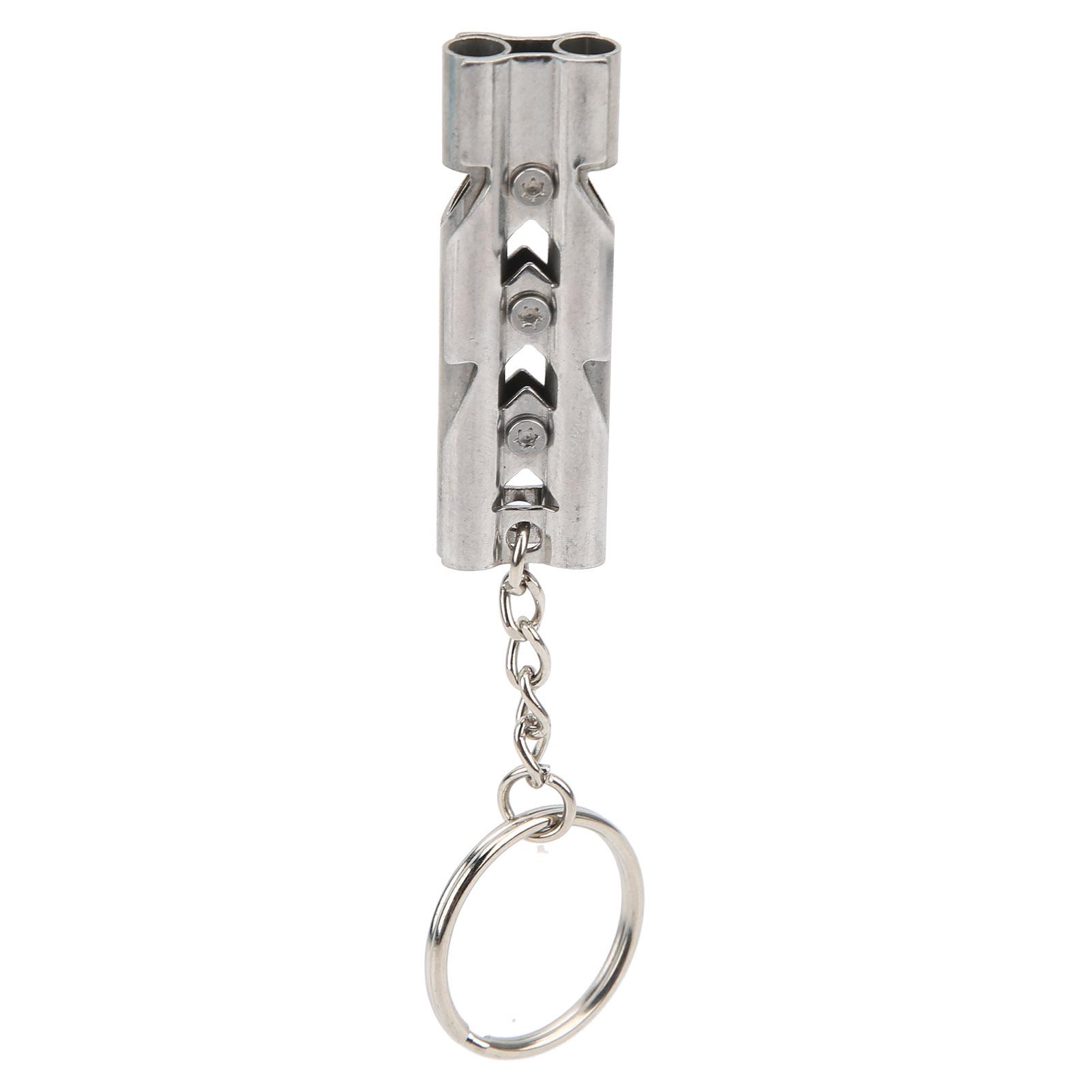 Outdoor Stainless Steel Emergency Survival High Decibel Double Tube Whistle with Keychain Silver