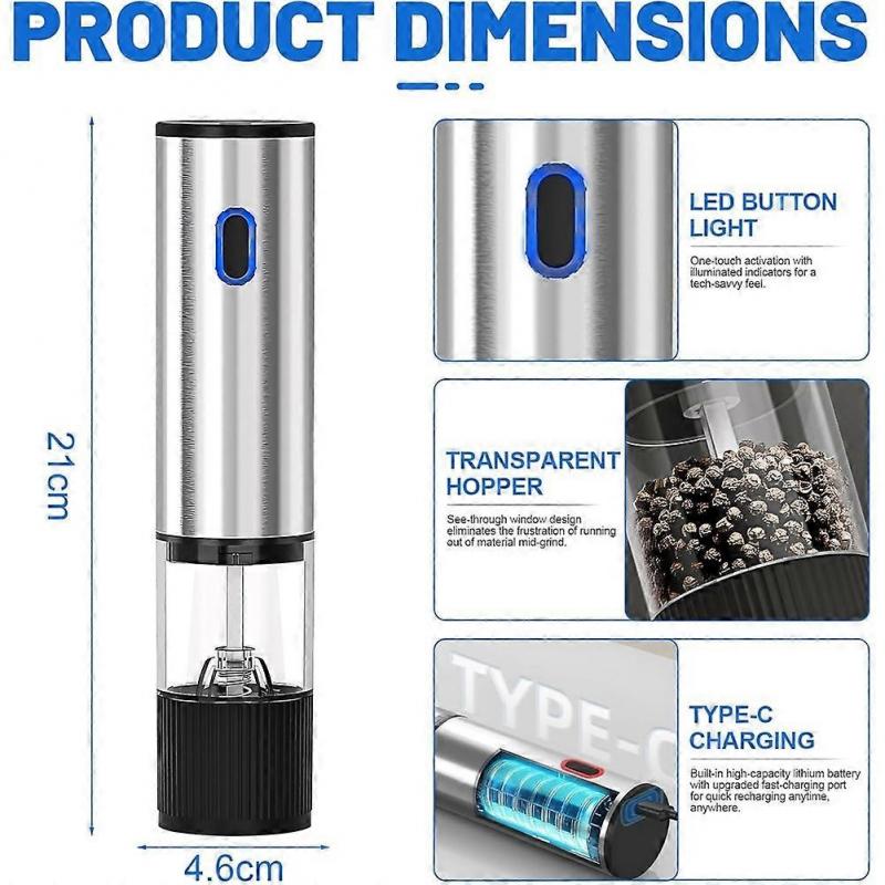 Electric Salt and Pepper Mills USB Rechargeable Spice Mill Electric with 80ml Container,Adjustable Coarseness