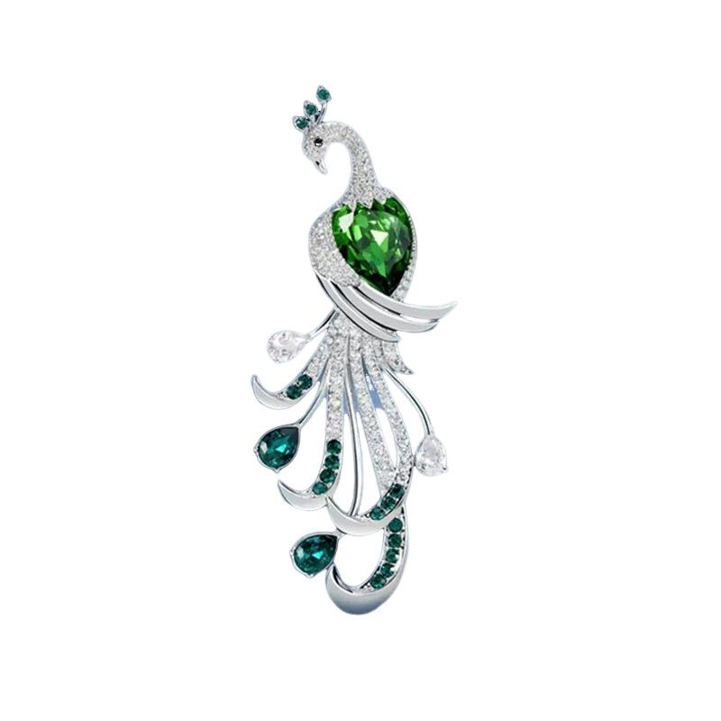 Broche de luxe légère en forme de paon à queue verte, micro-incrustée de zircons, simple et atmosphérique, pour vêtements féminins