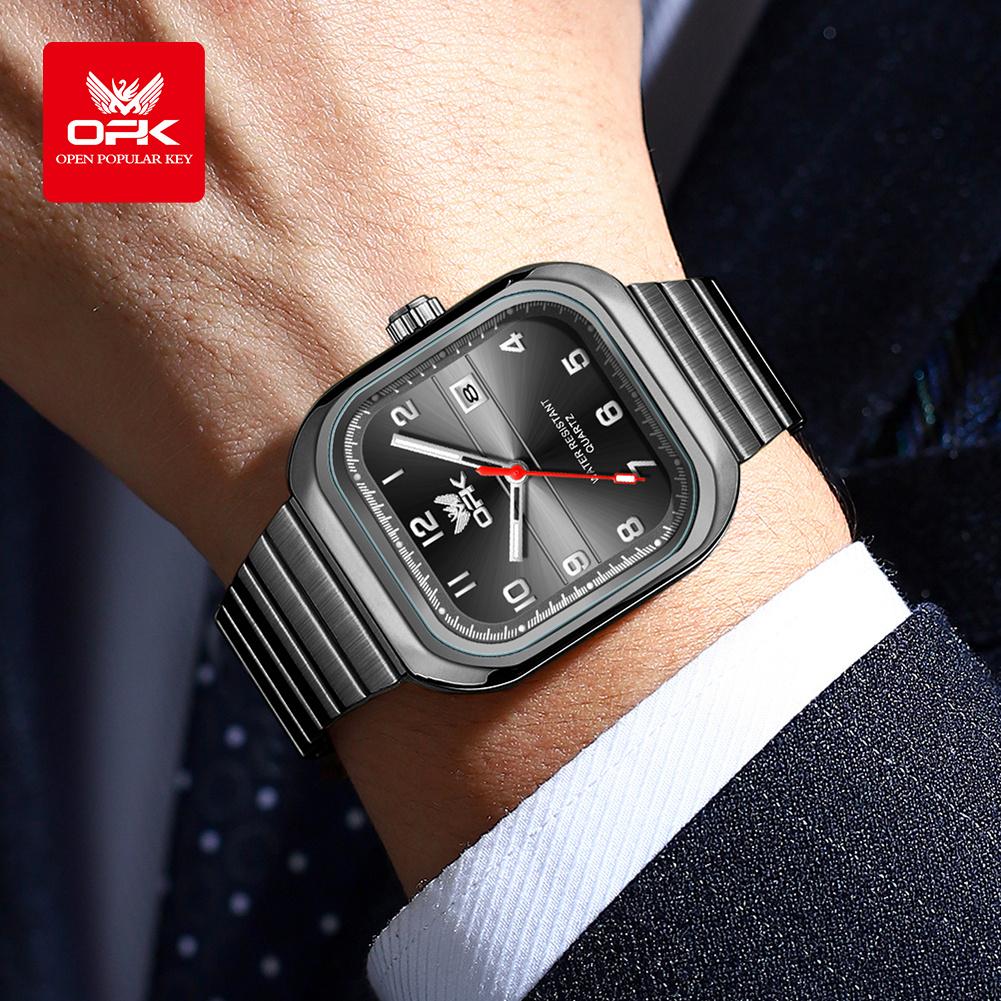 OPK 6040 Square Man Watch Original Steel Strap Waterproof Quartz Wrist Watches for Men Classic Digital Dial Simple Men's Watches