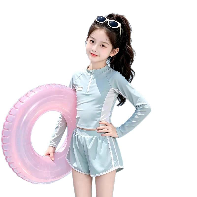 Girls Long Sleeve UV Protection Two Piece Swimsuit Set Middle Big Kids Beach Spring Swimming Suit