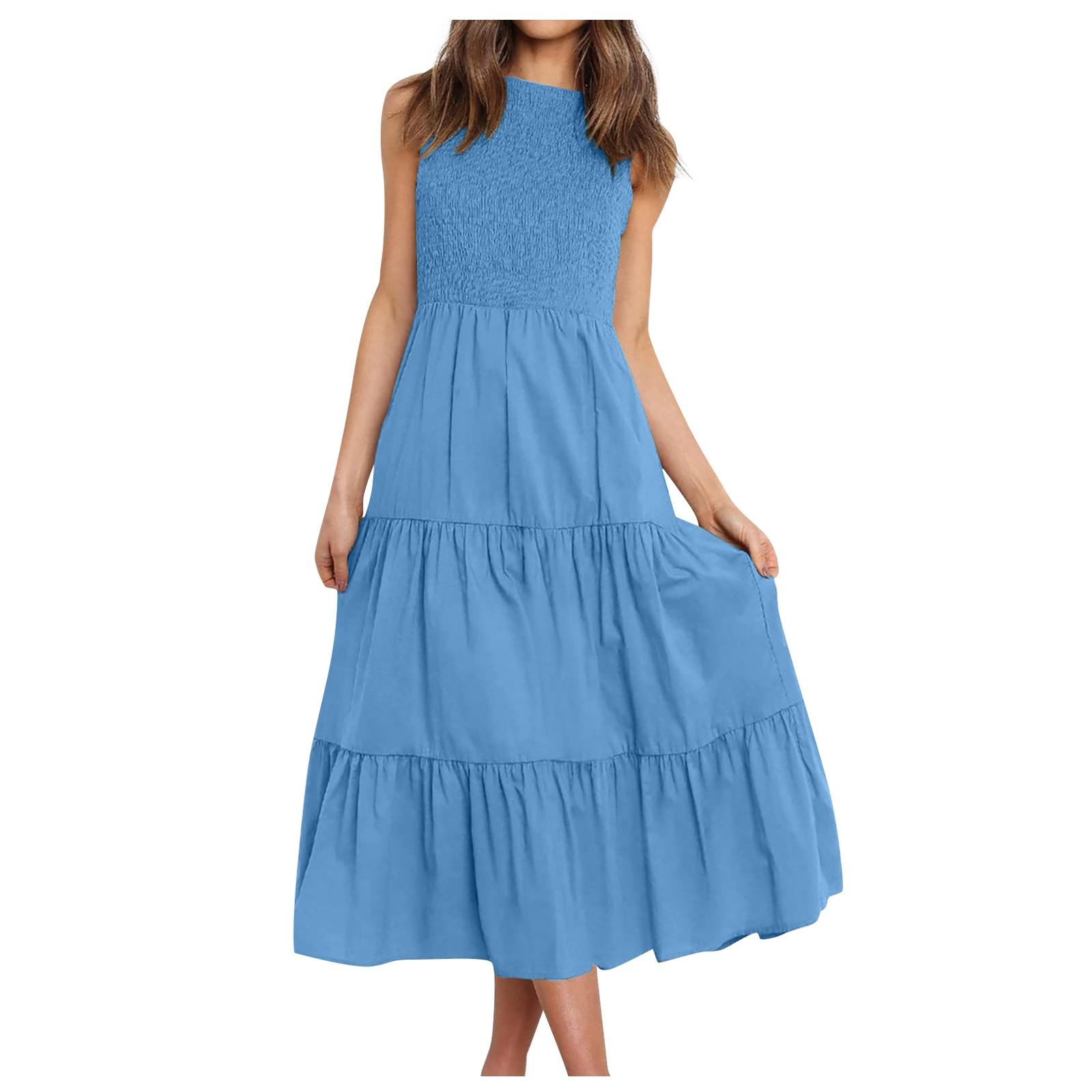 

(SU)Женское летнее повседневное платье трапециевидной формы без рукавов с круглым вырезом и высокой талией