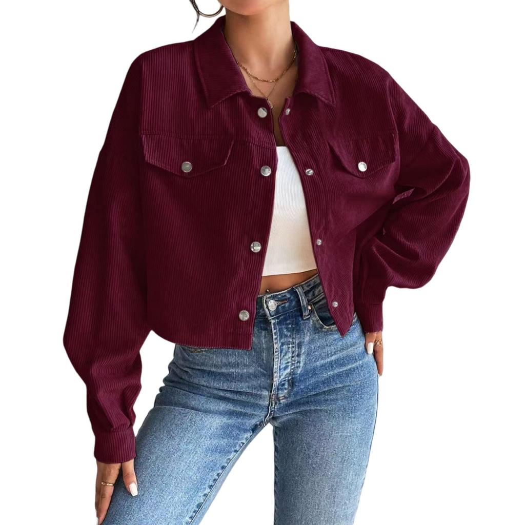 2025 A/W Women's Slim Corduroy Zip-Up Polo Collar Jacket