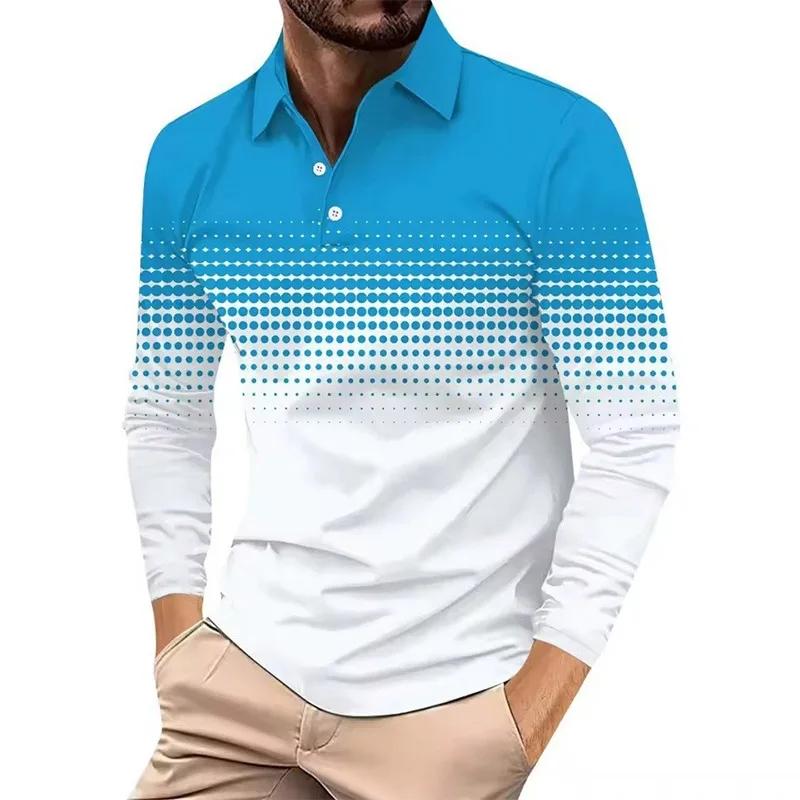 Fashion Men's Gradient Pattern 3D Printed Casual Street Style Neck Polo Shirt Men's Sports Long Sleeve