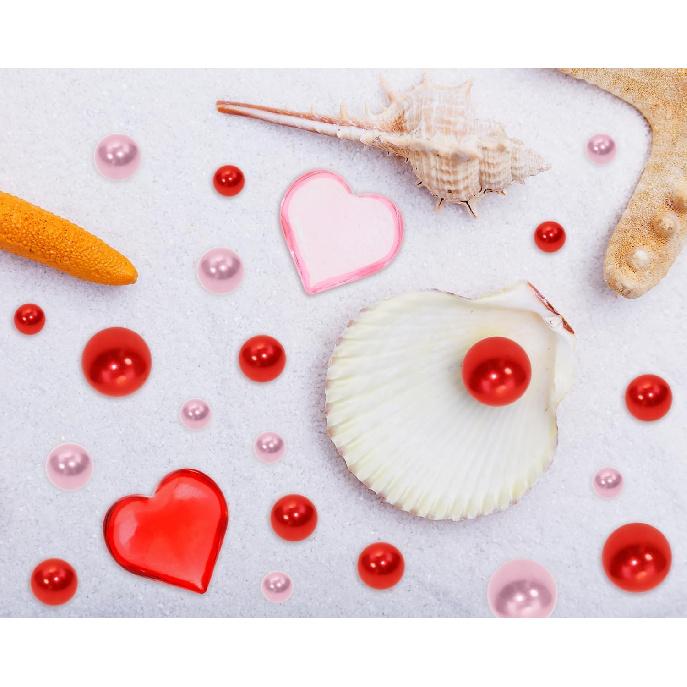 PENTA ANGEL Valentine’s Day Pearl Vase Fillers 150Pcs Pink Red Floating Faux Pearl Beads Acrylic Heart Pieces for Holiday Wedding Home Table