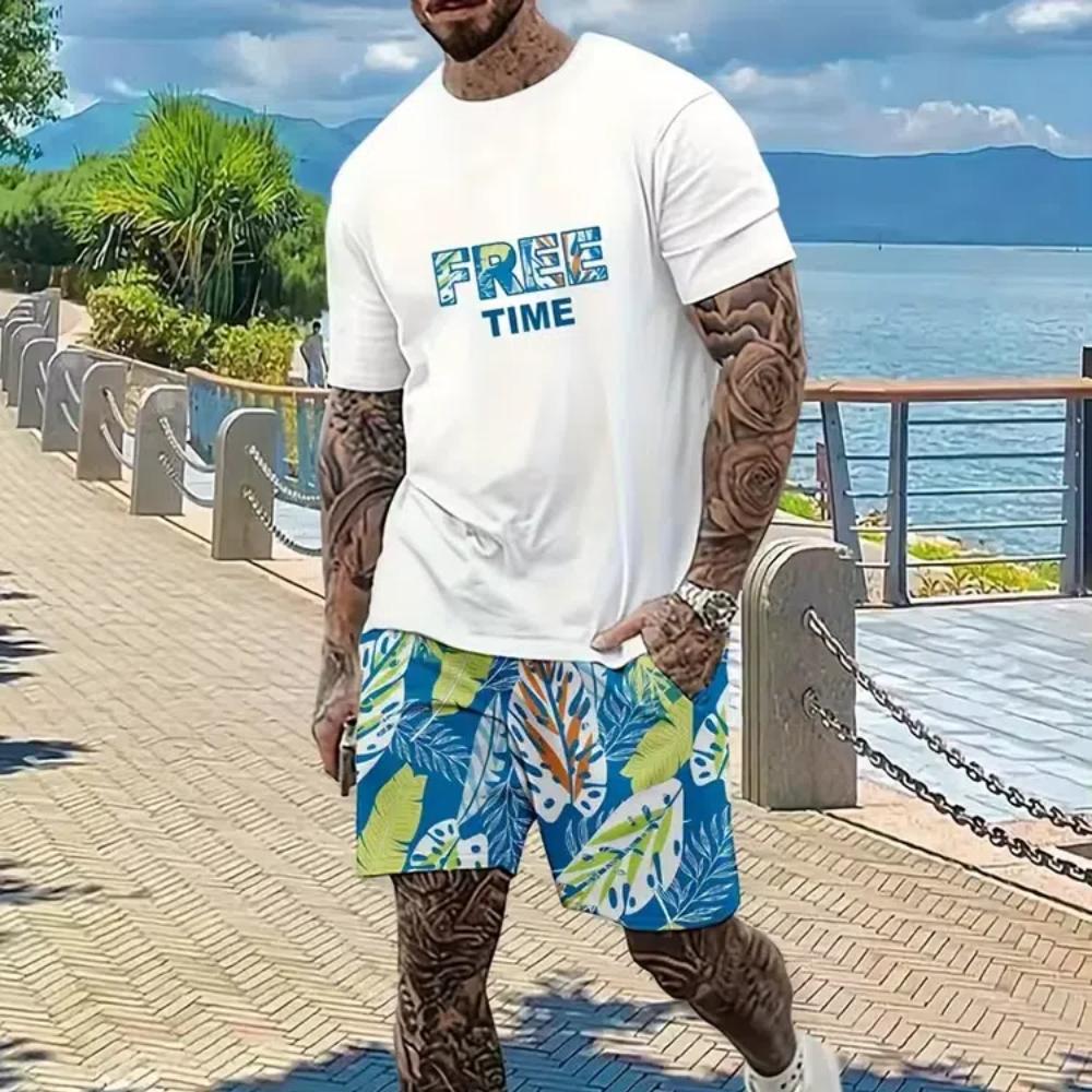 2Pcs Outfits For Men Casual Short Sleeve T-shirt And Drawstring Shorts Set For Summer Men's Clothing Loungewear Vacation Workout