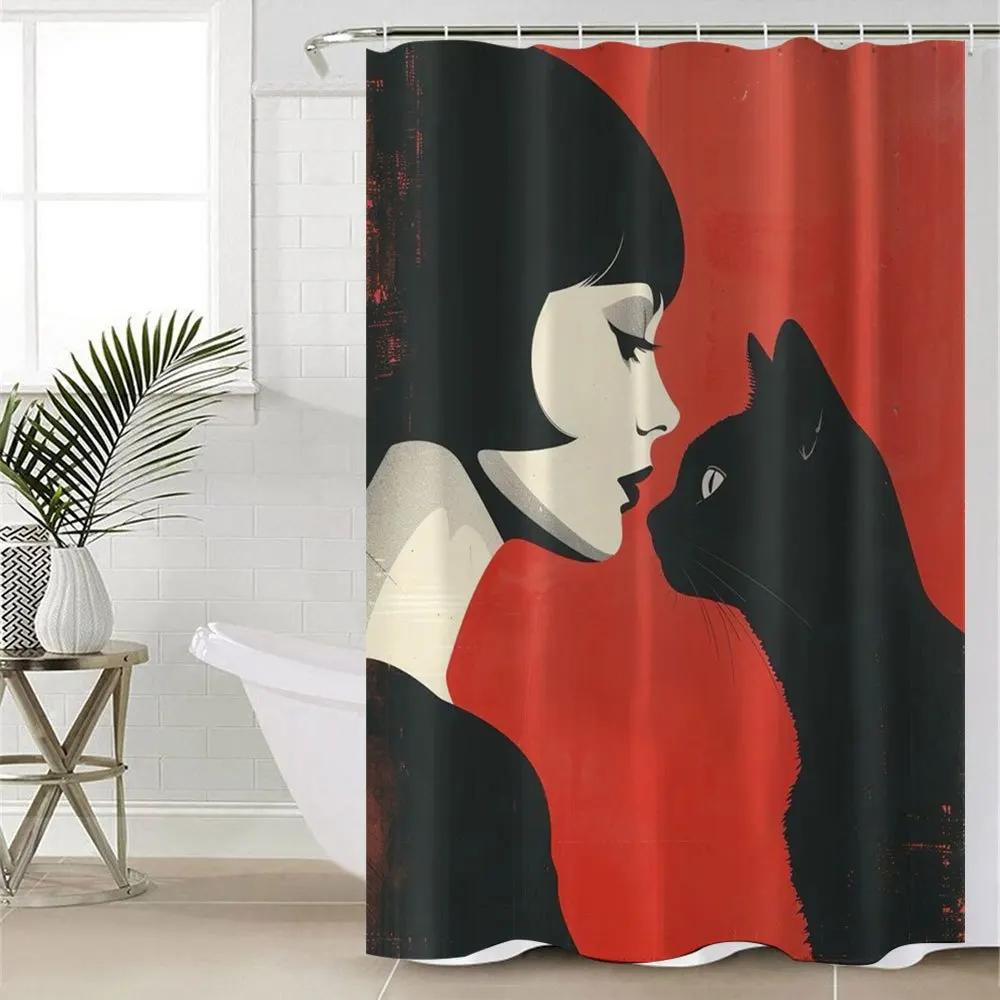 

1pc Woman and Cat Winter Bathroom Curtain Digital Print Polyester Shower Curtain No-Hole Punch Partition Bath Curtain W90xH180cm