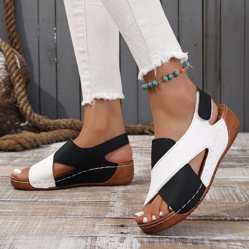Thick-soled Color Matching Wedge Heel Sandals Women's Muffin Bottom Velcro Fish Mouth Hollow Beach Women's Sandals