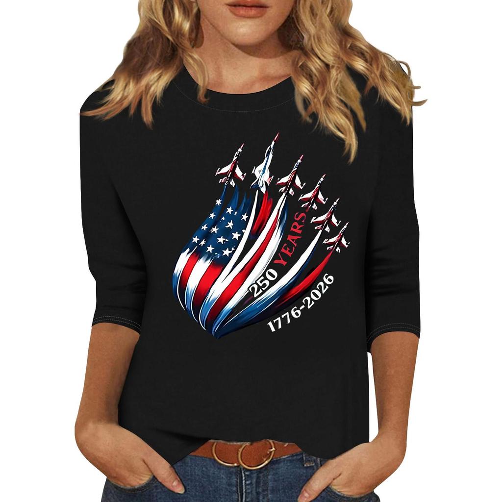 Women's Fashionable Casual Three-Quarter Sleeve 250th Anniversary Independence Day Print Neck Sweater