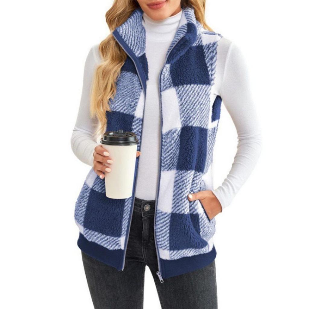 New Women's Plaid Fleece Cardigan Vest - Stand Collar Sleeveless Outerwear for Ladies - Comfortable Casual Jacket