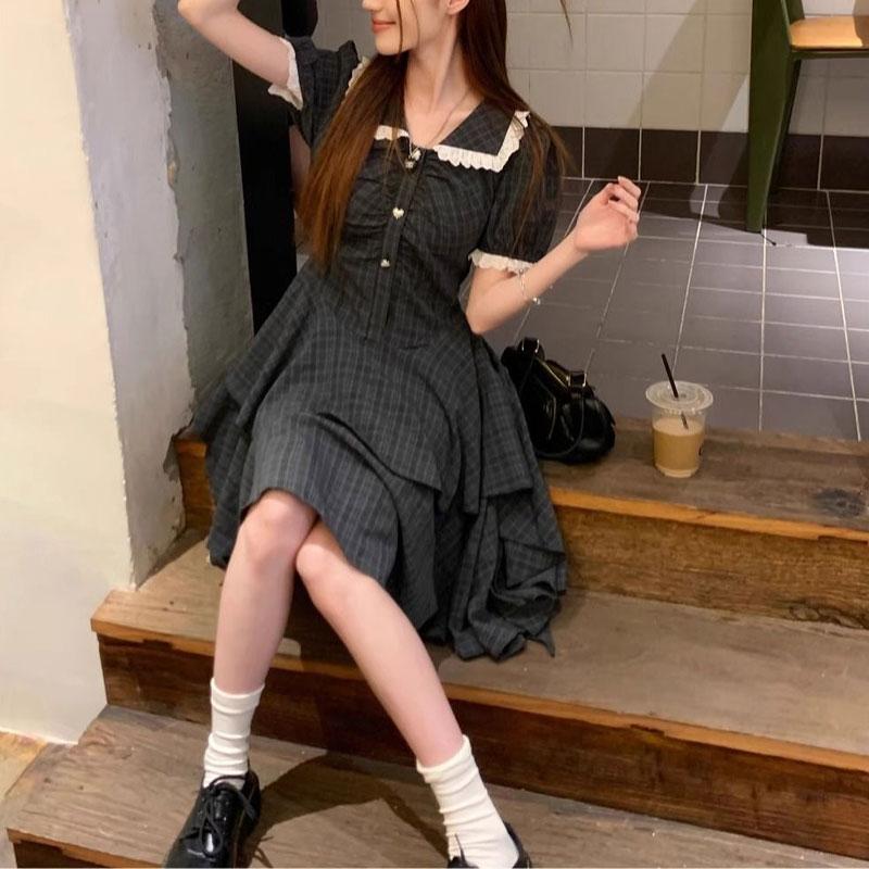 Coffee Break French Doll Collar Plaid Dress Women Summer Irregular Sweet Spicy Waist-tightening Tailing Cake Skirt