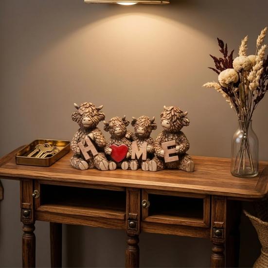 Decorative Accents for Bookshelf Highland Cow Family Figurine, Resin Cattle Statue Holding HOME Letter Sign, Stable Table Decoration Farmhouse