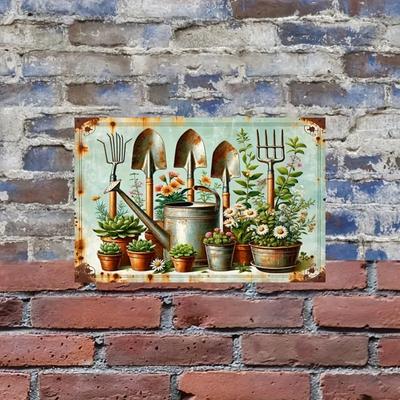 2D Printed Aluminum Metal Sign Vintage Gardening Tool Theme Rustic Plant Decor for Home Bedroom Living Room