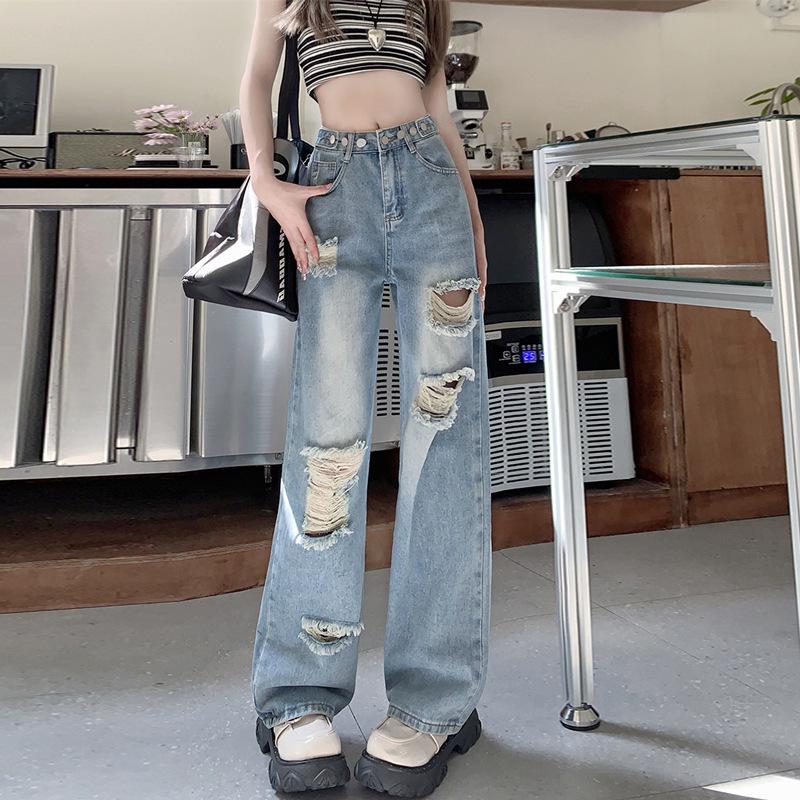 

Women s High-Waisted Ripped Wide-Leg Jeans, Adjustable Multi-Button, Loose Fit for Pear Shape, Floor-Length, Design-Focused. M светло-синий