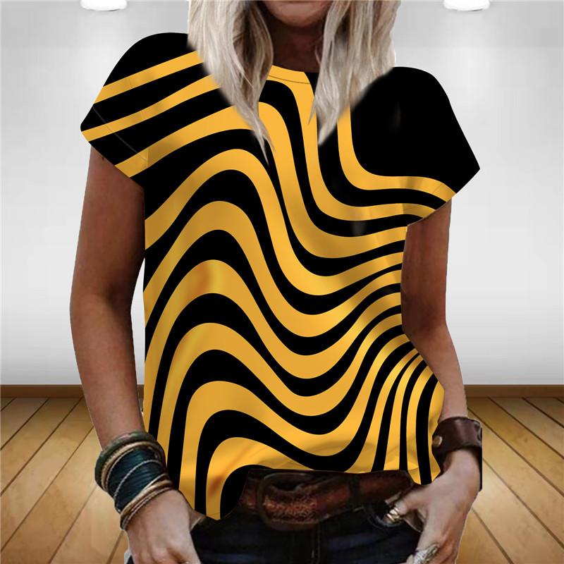 Women's summer striped themed T-shirt, women's 3D printed round neck T-shirt, rainbow 3D casual T-shirt