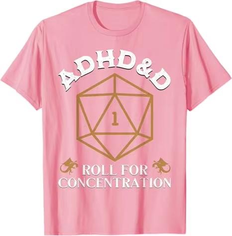 Retro ADHDD Roll for Concentration DnD Mens and Womens Tshirts RPG Game Player Pattern Set Fun Tshirt Short Sleeve Shirt