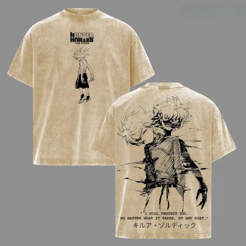 Киллуа Зольдик Hunter x Hunter Графическая футболка Мужская с коротким рукавом Хлопковые футболки Ретро стирка Футболка Харадзюку Мужская Оверсайз футболка S