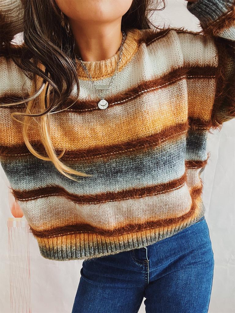 Autumn and winter loose gradient color striped imitation mink knitted round neck long sleeved pullover sweater for women 3557 KTB