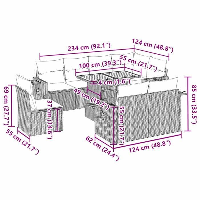 VidaXL Garden Lounge Set 9 Pcs with Grey Cushions Wicker, Outdoor Sofa Set, Corner Sofa Set 3327169