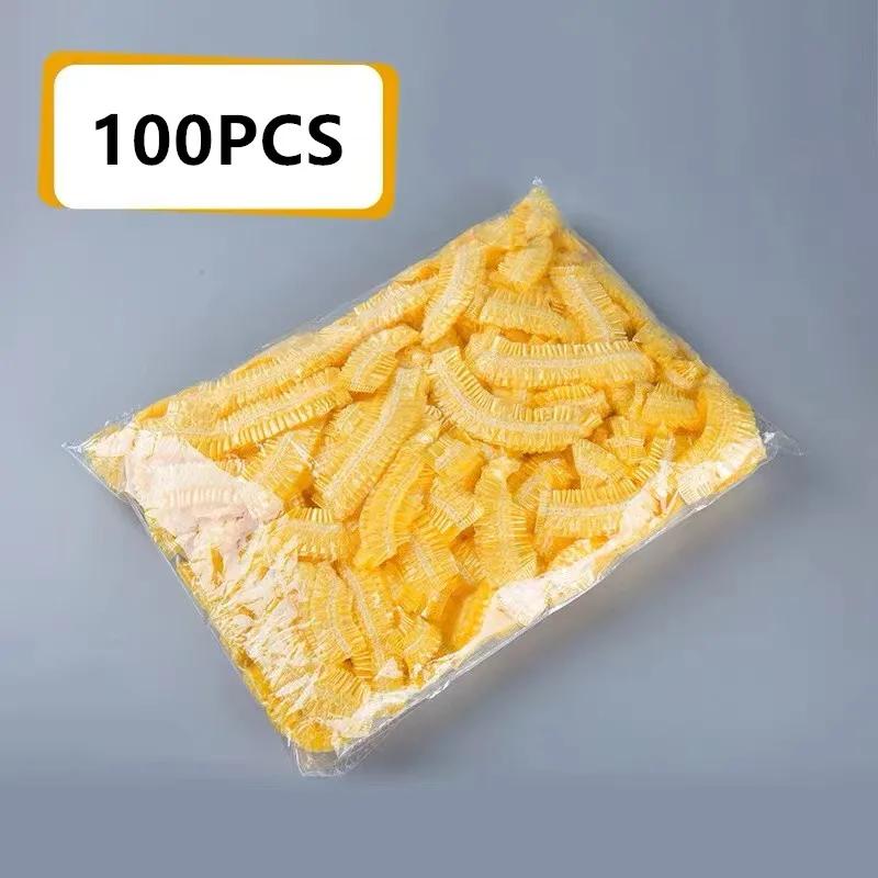 

100 одноразовых шапочек для душа, водонепроницаемые шапочки для сушки волос для взрослых, пылезащитные пластиковые чехлы на голову для мужчин и женщин жёлтый