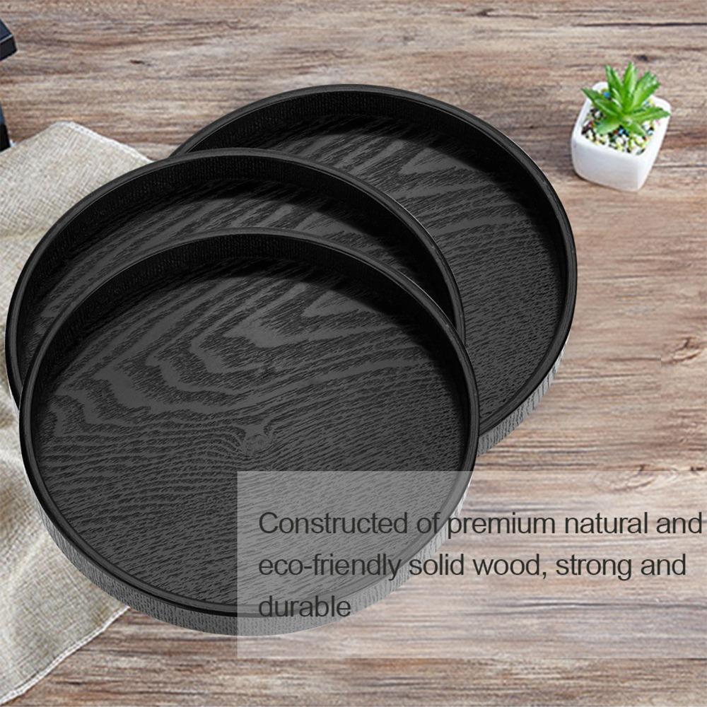 Round Shape Wood Serving Tray Non-Slip Solid Wood Food Serving Tray Black Decorative Serving Plate Kitchen Serving