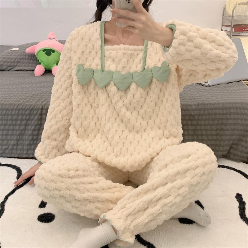 Women's Winter Sweet Flannel Lace Pajamas Princess Style Warm Long Sleeves Long Pants Home Clothes Square Neck Pajamas Set