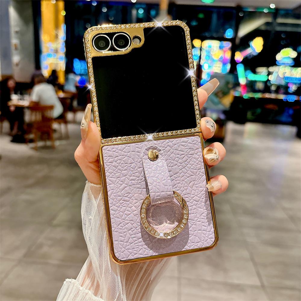 

Luxury Rhinestone Plating Frame Lychee Leather Phone Case For SAMSUNG Z Flip 7 6 5 4 3 Finger Ring Solid Color Protective Cover Galaxy Z Flip3 5G