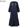 ZANZEA Women Casual O-neck Loose Long Sleeve Floral Embroidery Dress