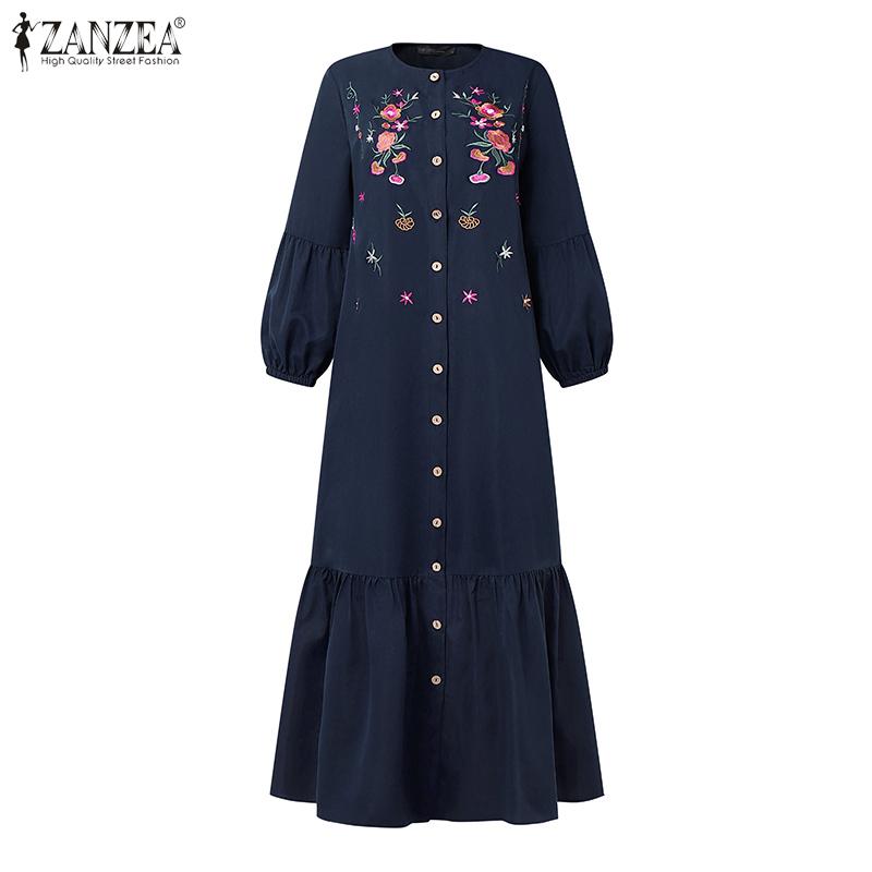 ZANZEA Women Casual O-neck Loose Long Sleeve Floral Embroidery Dress
