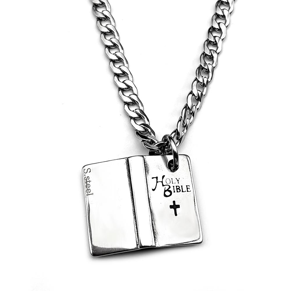 Christian Holy Bible Book Cross Pendant Necklace For Women Men Stainless Steel Silver Color Punk Retro Metal Chain Jewelry Gift